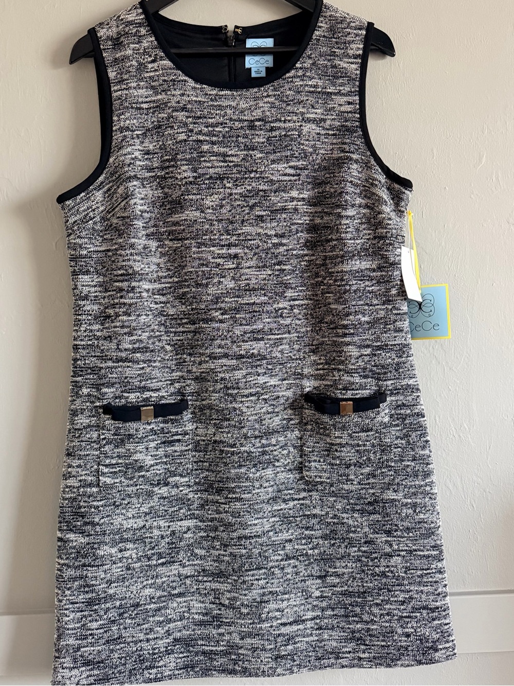 CeCe Black and White Tweed Shift Dress with Pocket Bows